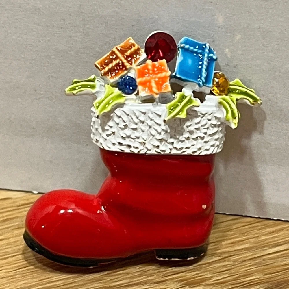 Vintage ART Christmas Enameled Brooch Santa’s Boot filled w/ Presents Xmas Pin